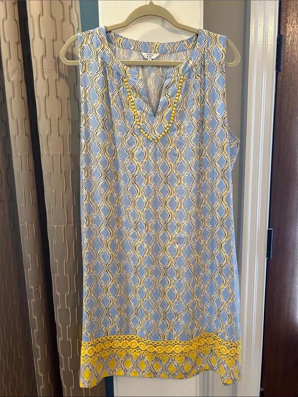 crown & ivy Blue and Yellow Printed Tunic with Pom Trim